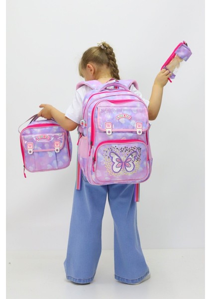 Kız Çocuk 3'lü Okul Çanta Seti Sırt Çantası Beslenme Çantası Kalemlik Peluş Oyuncak Hediyeli fırsatları