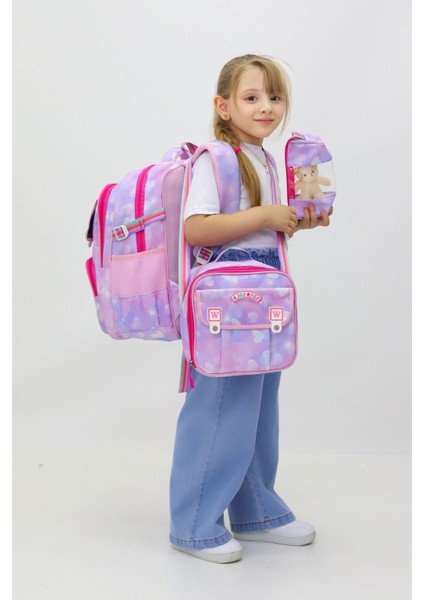 Kız Çocuk 3'lü Okul Çanta Seti Sırt Çantası Beslenme Çantası Kalemlik Peluş Oyuncak Hediyeli indirimleri