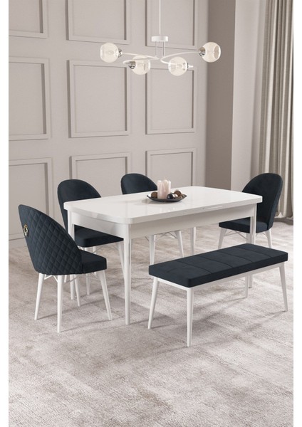 Calvin Beyaz 80X132 Açılabilir Mdf Masa Yemek Odası Takımı, Mutfak Takımı 4 Sandalye, 1 Bench