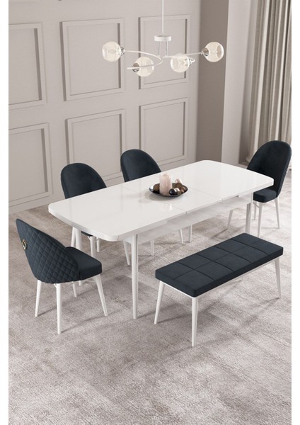 Calvin Beyaz 80X132 Açılabilir Mdf Masa Yemek Odası Takımı, Mutfak Takımı 4 Sandalye, 1 Bench fiyatları