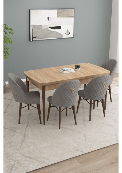 Calvin Meşe Desen 80X132 Açılabilir Mdf Masa Yemek Odası Takımı, Mutfak Takımı 4 Adet Sandalye