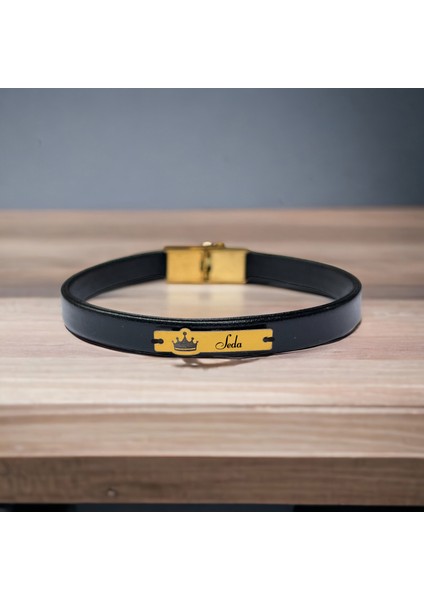 14 Ayar Plakalı Altın Seda Ismine Özel Taç Figürlü Doğal Siyah Derili Hediye BILEKLIK-569ISIM