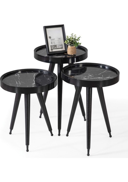 Ahşap Yuvarlak 3'lü Zigon Sehpa Siyah Içi Siyah Mermer Polen Lüx Ayaklı C10