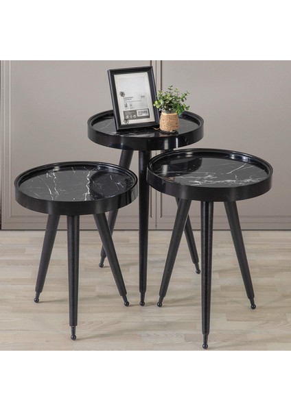Ahşap Yuvarlak 3'lü Zigon Sehpa Siyah Içi Siyah Mermer Polen Lüx Ayaklı C10 fiyatları