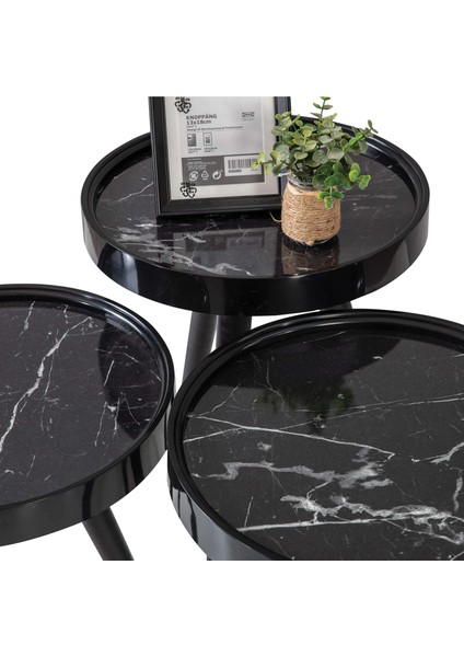 Ahşap Yuvarlak 3'lü Zigon Sehpa Siyah Içi Siyah Mermer Polen Lüx Ayaklı C10 modelleri