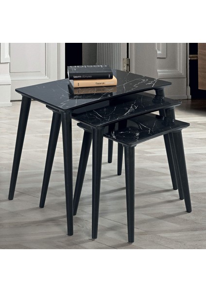 Siyah Mermer Dikdörtgen Ahşap 3'lü Zigon Sehpa E4