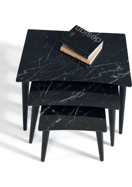 Siyah Mermer Dikdörtgen Ahşap 3'lü Zigon Sehpa E4 fiyatları