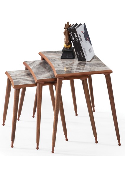 Kahve Mermer Dikdörtgen Ahşap 3'lü Zigon Ceviz Kenarlı Sehpa Lüx Ayaklı E8