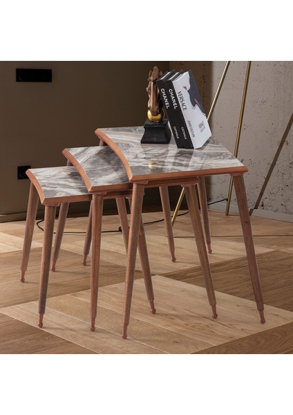 Kahve Mermer Dikdörtgen Ahşap 3'lü Zigon Ceviz Kenarlı Sehpa Lüx Ayaklı E8 fiyatları