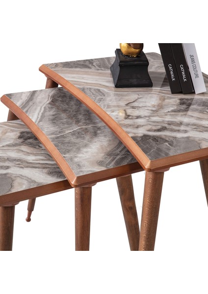 Kahve Mermer Dikdörtgen Ahşap 3'lü Zigon Ceviz Kenarlı Sehpa Lüx Ayaklı E8 modelleri