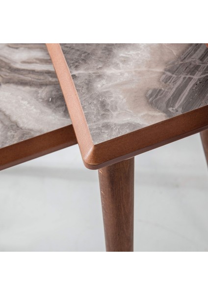 Kahve Mermer Dikdörtgen Ahşap 3'lü Zigon Ceviz Kenarlı Sehpa Lüx Ayaklı E8 fırsatları