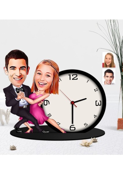 Kişiye Özel Renkli Ahşap Karikatürlü Biblo ve Masa Saati Seti