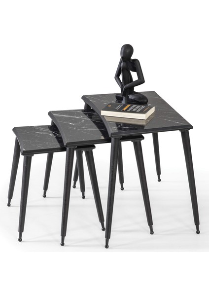 Siyah Mermer Dikdörtgen Ahşap 3'lü Zigon Sehpa Siyah Lüx Ayaklı E11