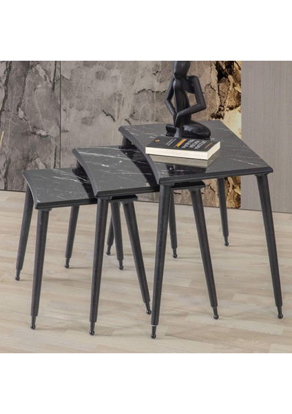 Siyah Mermer Dikdörtgen Ahşap 3'lü Zigon Sehpa Siyah Lüx Ayaklı E11 fiyatları