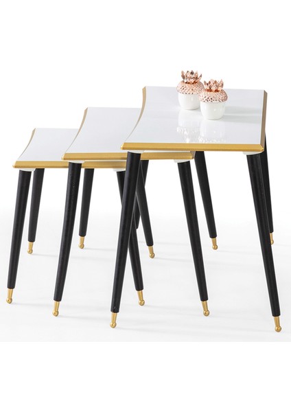 3'Lü Beyaz Dikdörtgen Ahşap Zigon Gold Kenarlı Sehpa Siyah Lüx Ayaklı E14