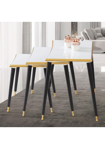 3'Lü Beyaz Dikdörtgen Ahşap Zigon Gold Kenarlı Sehpa Siyah Lüx Ayaklı E14 fiyatları