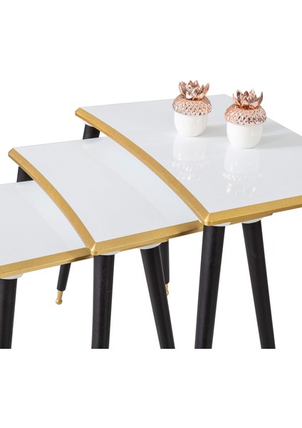 3'Lü Beyaz Dikdörtgen Ahşap Zigon Gold Kenarlı Sehpa Siyah Lüx Ayaklı E14 modelleri