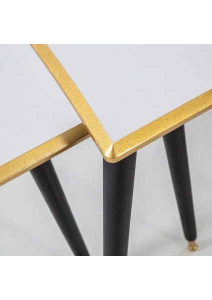 3'Lü Beyaz Dikdörtgen Ahşap Zigon Gold Kenarlı Sehpa Siyah Lüx Ayaklı E14 fırsatları