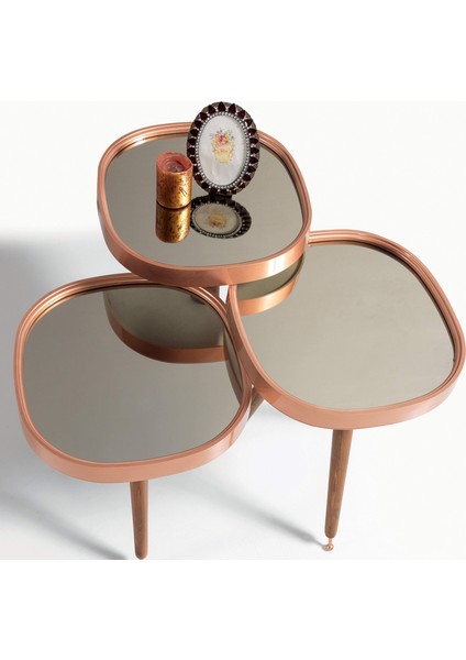 Siyah Aynalı 3'lü Yuvarlak Zigon Sehpa Ceviz Çerçeveli Ahşap Lüx Ayaklı D3 modelleri