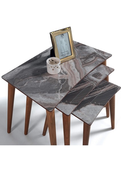 Bej Mermer Dikdörtgen Ahşap 3'lü Zigon Sehpa E5