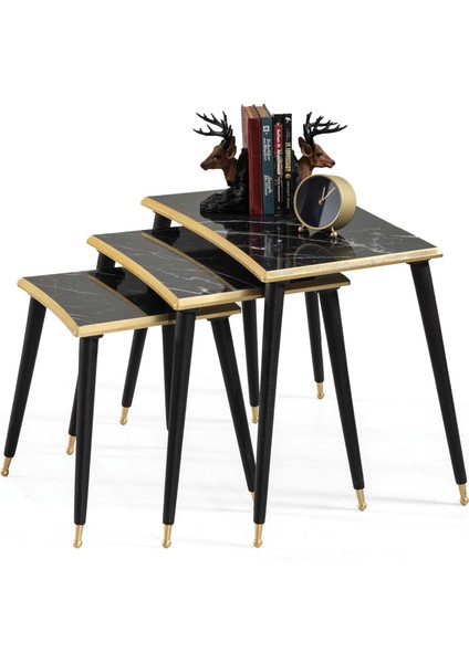Siyah Mermer Dikdörtgen Ahşap 3'lü Zigon Altın Kenarlı Sehpa Lüx Ayaklı E7