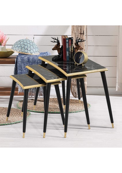 Siyah Mermer Dikdörtgen Ahşap 3'lü Zigon Altın Kenarlı Sehpa Lüx Ayaklı E7 fiyatları