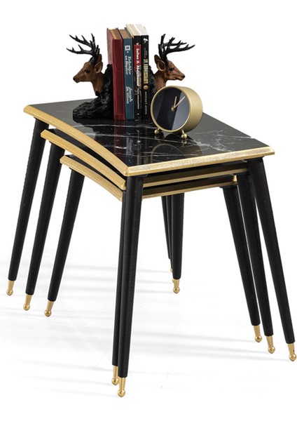 Siyah Mermer Dikdörtgen Ahşap 3'lü Zigon Altın Kenarlı Sehpa Lüx Ayaklı E7 modelleri