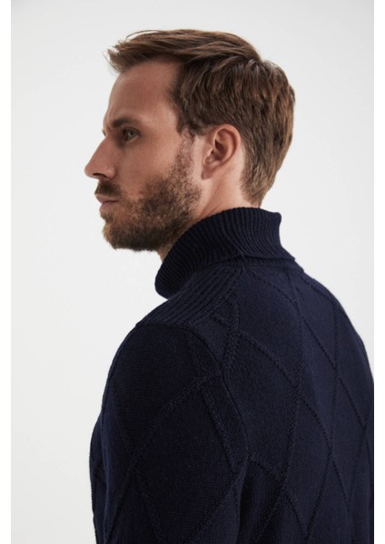 Baklava Desenli Boğazlı Lacivert Kaşmir Yün Kazak modelleri