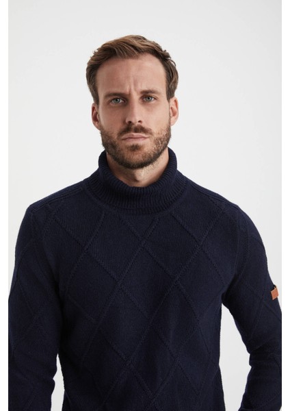 Baklava Desenli Boğazlı Lacivert Kaşmir Yün Kazak indirimleri