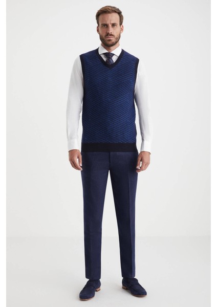 Çizgi Desenli Lacivert Lambswool Yün Triko Süveter fiyatları