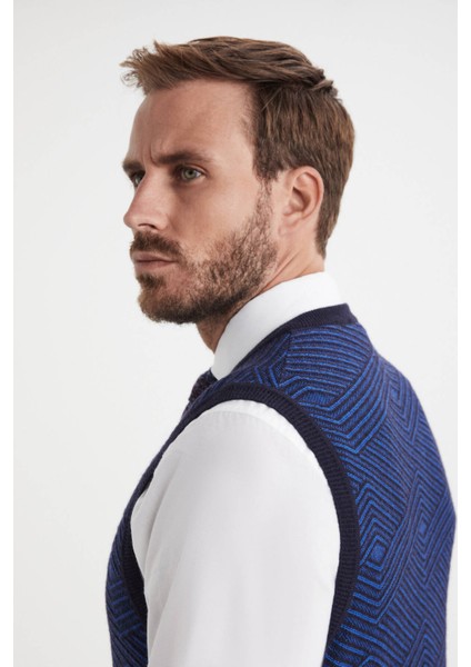 Çizgi Desenli Lacivert Lambswool Yün Triko Süveter modelleri