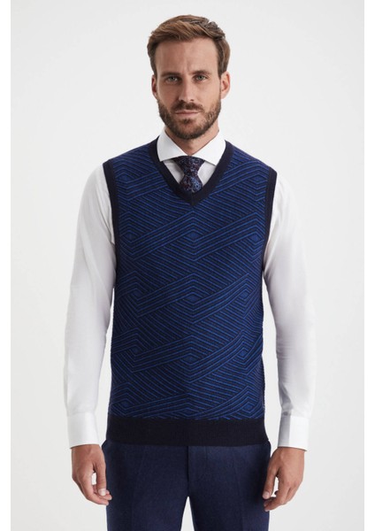 Çizgi Desenli Lacivert Lambswool Yün Triko Süveter fırsatları