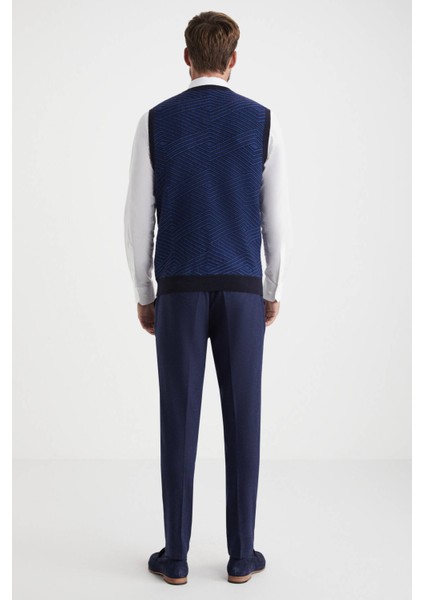 Çizgi Desenli Lacivert Lambswool Yün Triko Süveter indirimleri