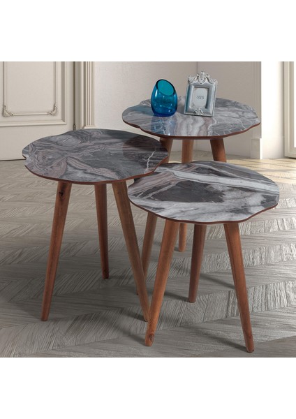 Yaprak Ahşap 3'lü Zigon Sehpa Bej Mermer B5