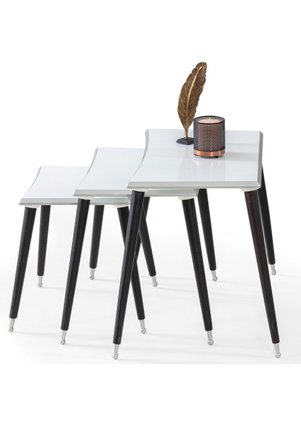 3'Lü Beyaz Dikdörtgen Ahşap Zigon Sehpa Siyah Lüx Ayaklı E13