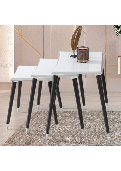 3'Lü Beyaz Dikdörtgen Ahşap Zigon Sehpa Siyah Lüx Ayaklı E13 fiyatları