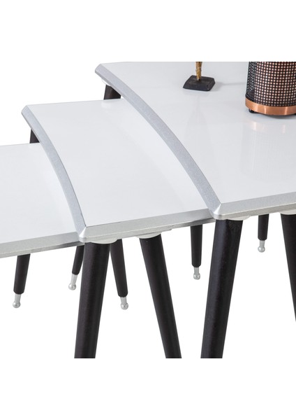 3'Lü Beyaz Dikdörtgen Ahşap Zigon Sehpa Siyah Lüx Ayaklı E13 modelleri