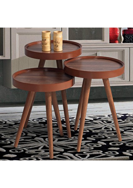 3'Lü Ahşap Yuvarlak Zigon Sehpa Ceviz Polen C4