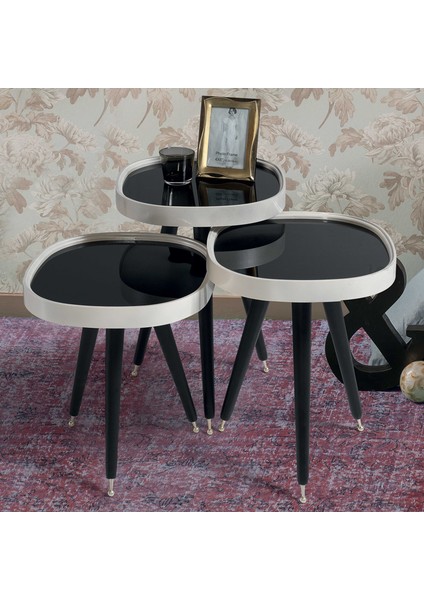 3'Lü Siyah Aynalı Yuvarlak Zigon Sehpa Gümüş Çerçeveli Ahşap Lüx Ayaklı D2