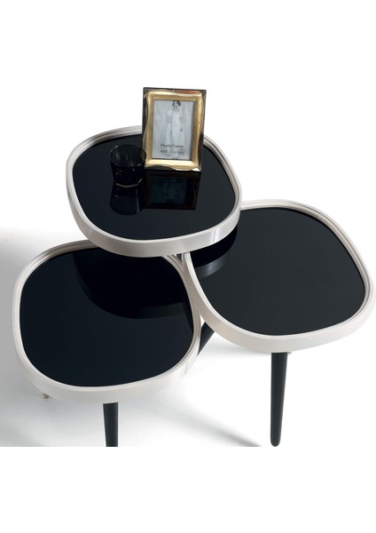 3'Lü Siyah Aynalı Yuvarlak Zigon Sehpa Gümüş Çerçeveli Ahşap Lüx Ayaklı D2 fiyatları