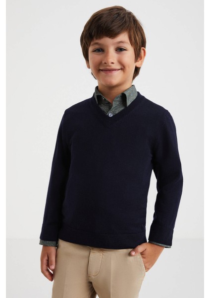 V Yaka Merino Yün Lacivert Çocuk Triko modelleri