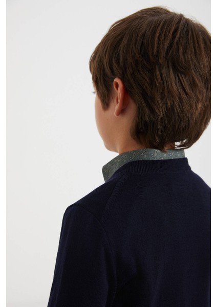 V Yaka Merino Yün Lacivert Çocuk Triko indirimleri