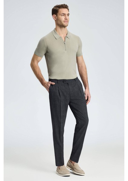 Keten Yün Karışım Siyah Klasik Dokuma Pantolon modelleri