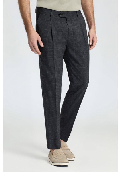 Keten Yün Karışım Siyah Klasik Dokuma Pantolon fırsatları