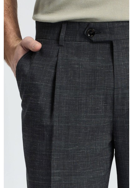 Keten Yün Karışım Siyah Klasik Dokuma Pantolon indirimleri