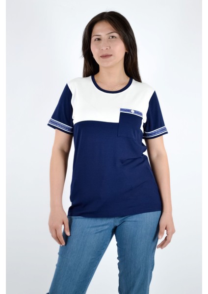 Sıfır Yaka Kısa Kollu Cebi Taş Detaylı Bluz - Lacivert