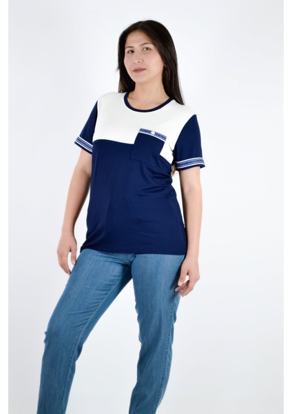 Sıfır Yaka Kısa Kollu Cebi Taş Detaylı Bluz - Lacivert fiyatları