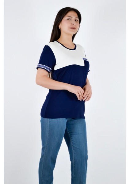 Sıfır Yaka Kısa Kollu Cebi Taş Detaylı Bluz - Lacivert modelleri