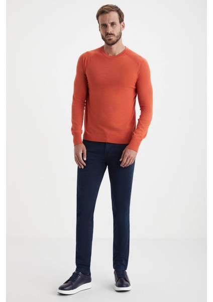 Slim Fit Bisiklet Yaka Turuncu Merino Yün Triko fiyatları