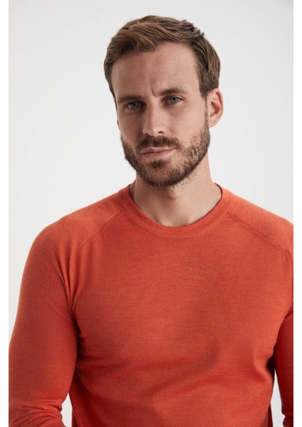 Slim Fit Bisiklet Yaka Turuncu Merino Yün Triko indirimleri